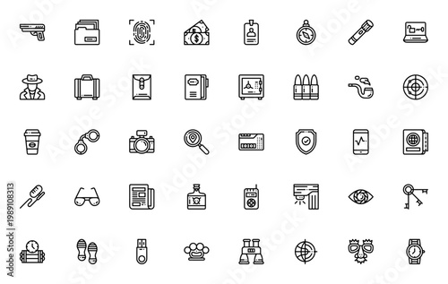 Private Detective icon set. Vector line icons pack. Includes symbols for investigation, spy, security, fingerprint, magnifying glass, camera, gun, handcuffs and more. Editable stroke.