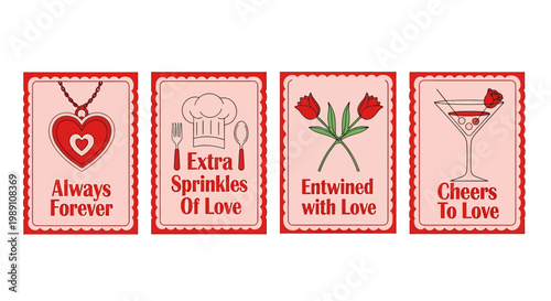 Valentine's Day celebration with love symbols and sweet treats on pink cards.