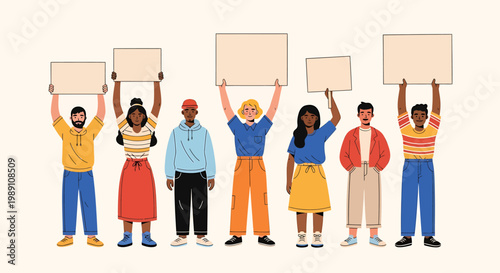Diverse group of people holding protest signs in a city square together