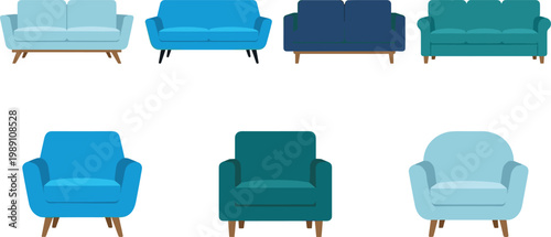Blue Sofa and Armchair Set Collection with Modern Upholstered Seating Furniture for Living Room Interior Design Flat Vector Illustration