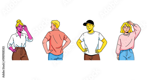 Four people standing in various poses with different colored skin tones and clothing