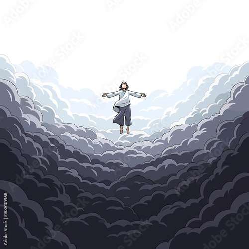 Man standing on clouds with arms outstretched.