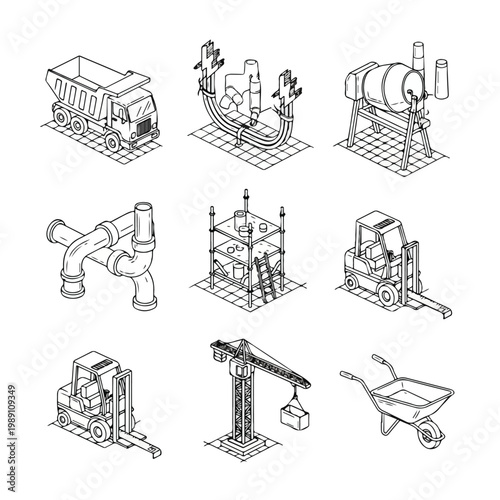 This vector set features nine isometric, hand-drawn sketches of construction equipment and industrial tools on a plain white background.