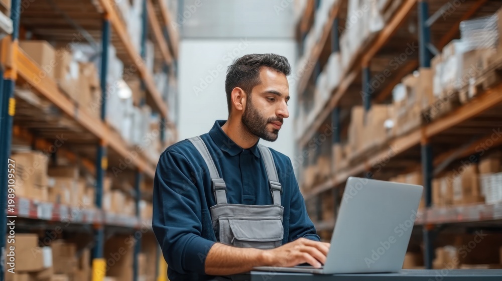 Fototapeta premium Young Warehouse Worker with Dark Hair Focused on Laptop in Industrial Storage Environment