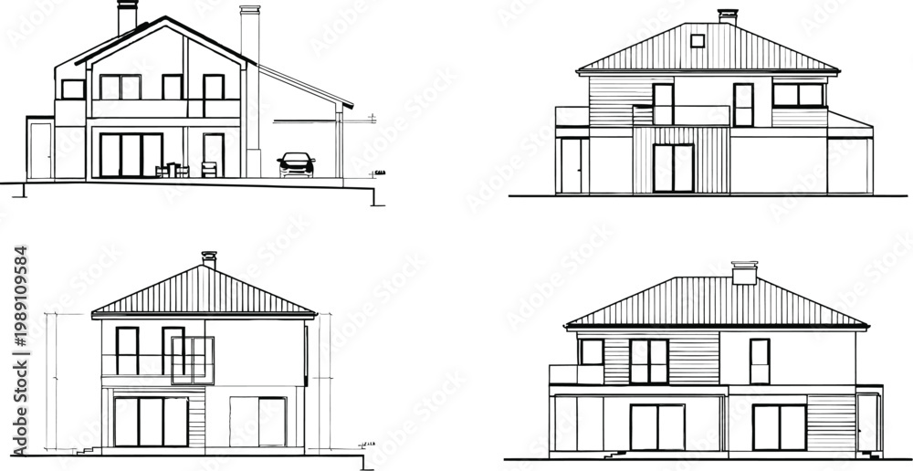 Fototapeta premium Architectural House Elevations Set Featuring Four Detailed Exterior Views of a Modern Two Story Residential Building Design Blueprint