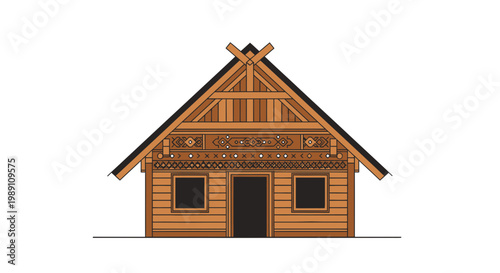 Traditional Wooden Hut with Ornate Facade and Gable Roof