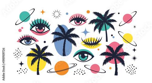 Eyes with colorful makeup and lashes.