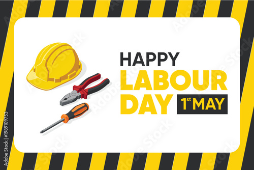 Happy Labour Day Banner with Safety Helmet Tools and Industrial Theme 1st May Illustration