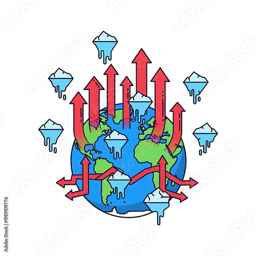 Global warming earth with rising arrows.