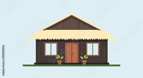 Tropical Hut House Simple Design Wooden Structure Thatched Roof Isolated