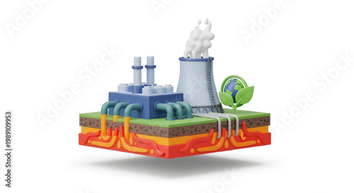 Illustration of a nuclear power plant with cooling towers, smoke, and a green eco-friendly symbol, representing sustainable energy production and environmental responsibility
