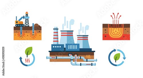 Geothermal energy extraction and utilization illustration with cooling towers, drilling rig and heat exchange symbols