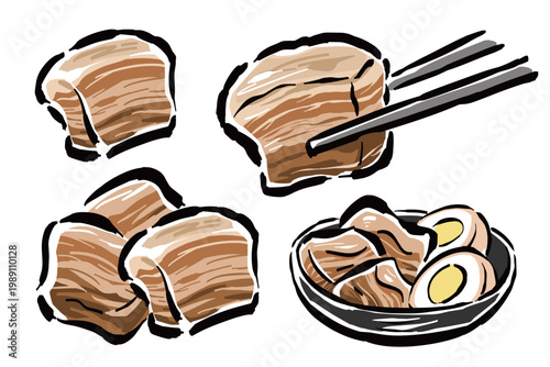豚の角煮　箸でつまむ・皿に盛る　筆タッチ手描きイラスト
