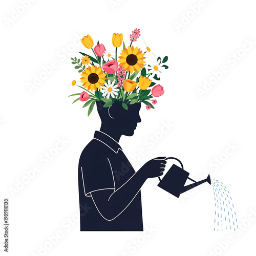 Person with flowers on head watering.