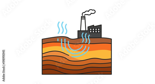 Stylized black silhouette of an industrial factory with a large cooling tower and smoking chimneys, depicting manufacturing and energy production processes in a minimalist design