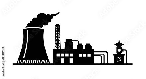 Isometric 3D illustration of a modern industrial complex, featuring a power plant, cooling tower, factory structures, and a flare stack, symbolizing energy manufacturing