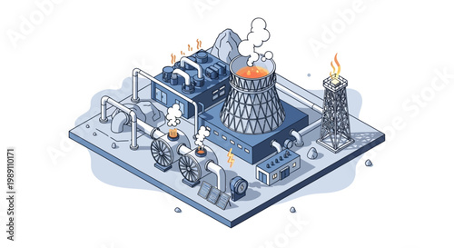 Industrial Power Plant with Cooling Tower and Smoke Stack generating Energy