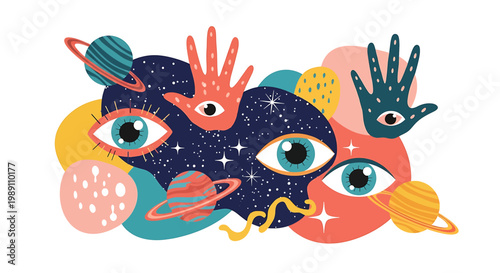 Colorful illustration of multiple eyes and hands.