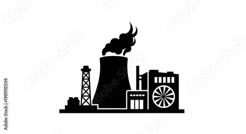 Industrial factory complex silhouette with a smoking chimney, symbolizing heavy industry, environmental pollution, and energy production. A minimalist graphic representation
