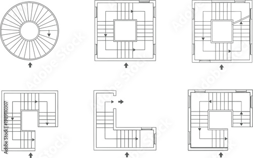 Architectural Staircase Floor Plan Diagrams Set Featuring Various Geometric Configurations and Directional Flow Arrows for Professional Building Design Projects