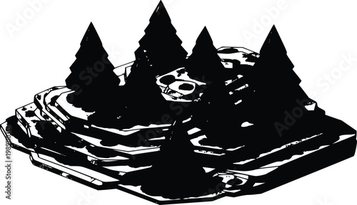 Isometric low poly floating island with pine trees and tiered rock layers vector game asset illustration