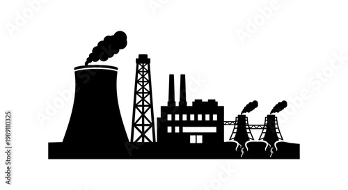 Industrial power plant silhouette with cooling towers and smokestacks emitting steam, representing energy production and heavy industry