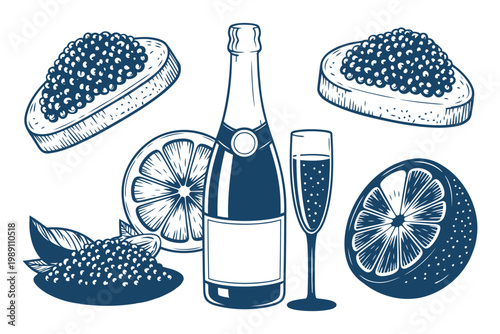 Champagne bottle glass toast orange slices and caviar for luxury event.