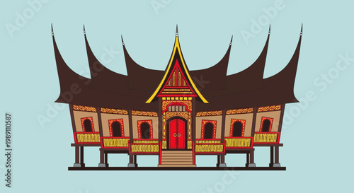 Traditional Minangkabau House Architecture, Indonesia, Vector Illustration