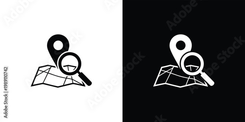 Black and white map pin and magnifying glass on white and black backgrounds location search