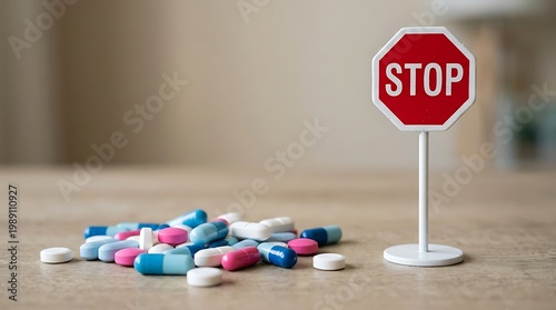 Pile of colorful pills and capsules next to a red stop sign, symbolizing medication control, addiction awareness, and the importance of responsible drug use.