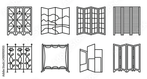 Decorative room dividers and screens set, diverse styles and patterns, interior design elements, foldable partitions, modern home decor.