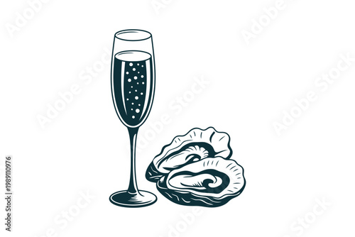 Champagne flute with fresh oysters in shell hand drawn vintage sketch.