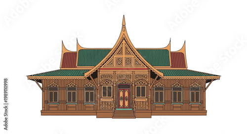 Traditional Thai House with Ornate Details and Green Roof