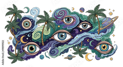 Eyes with colorful swirling patterns.