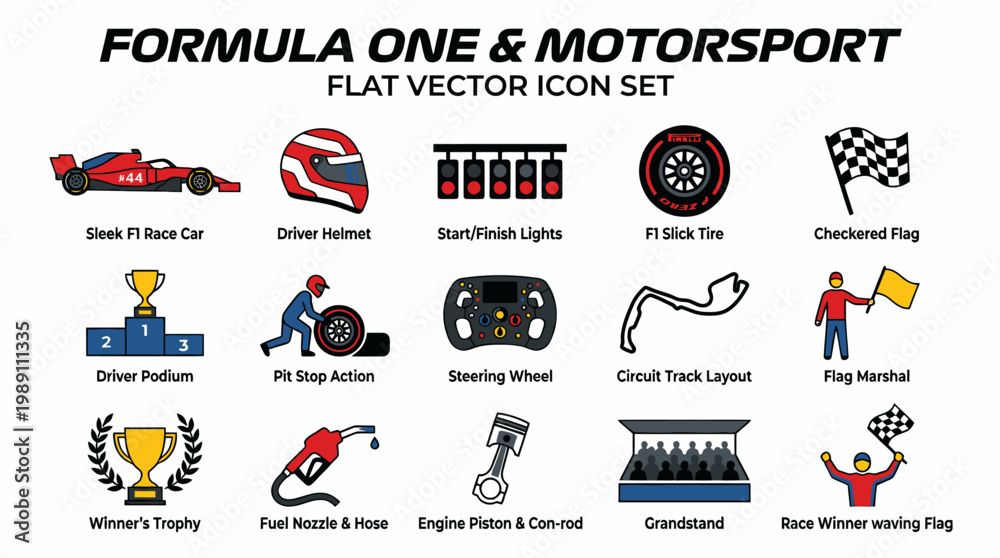 Fototapeta premium Formula 1 & Motorsport Flat Vector Icons Set