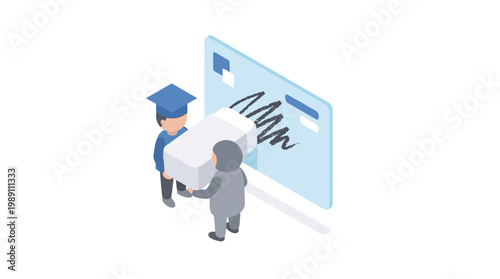 Isometric illustration of students erasing digital data from a screen