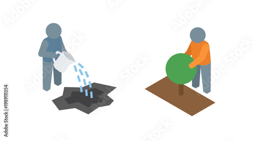People planting and watering a tree illustration environmental conservation concept