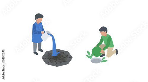 People watering plants illustration depicting environmental stewardship and growth