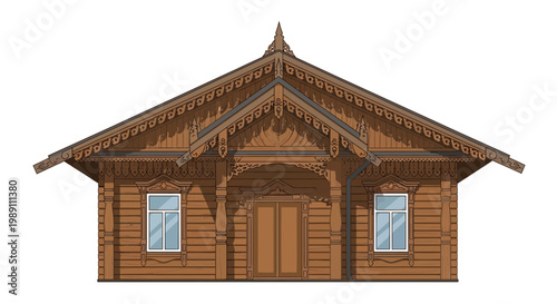 Traditional Wooden House Facade with Ornate Carvings