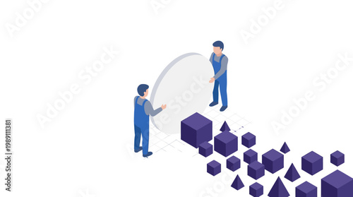 Isometric illustration of workers handling a circular object and cubes on white