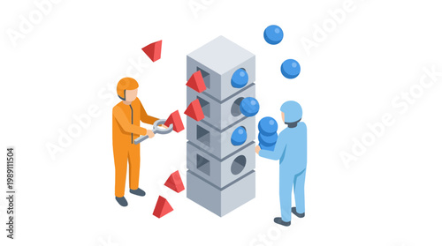 Isometric illustration of two people working with geometric shapes on white background