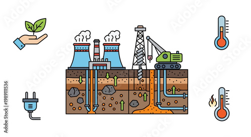 Clean Energy and Renewable Power Source Icons Representing Industrial and Environmental Sustainability