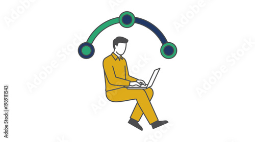 Person using laptop under graphic elements representing technology and progress
