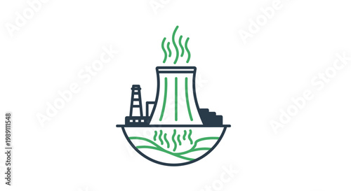 Modern line art icon of an industrial power generation plant with a prominent cooling tower, symbolizing energy production and environmental considerations