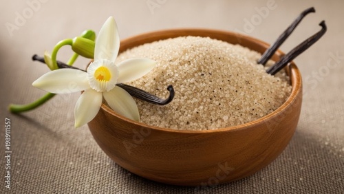 A wooden bowl filled with brown sugar, decorated with a white flower and vanilla beans on a table