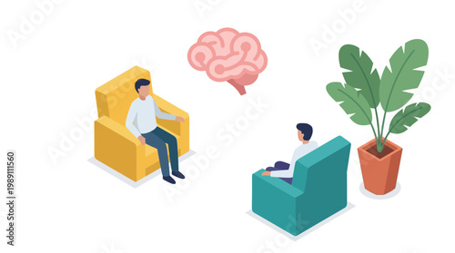 Isometric illustration of therapist and patient with a brain symbol and plant