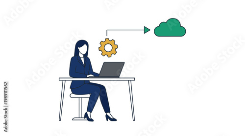 Woman using laptop with cloud computing concept business technology illustration