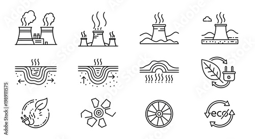 Vector line icons for energy production, including power plants, geothermal, and renewable sources, emphasizing environmental technology and sustainable solutions