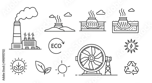 Vector Line Icons Depicting Energy Production, Environmental Impact, and Sustainable Solutions – A Comprehensive Collection of Eco-Friendly and Industrial Graphics
