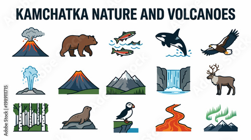 Kamchatka Nature and Volcanoes Icons Set